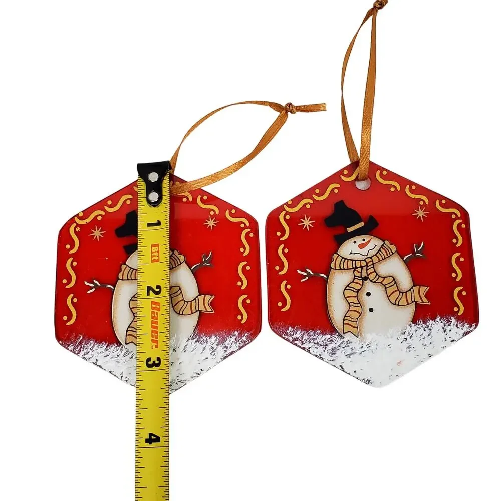 2 Vtg Red Glass Suncatcher Hand Painted Christmas Hexagon Ornament Holiday Decor